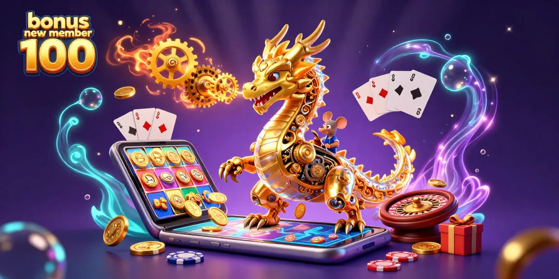 Engage with bonus new member 100 feature, amid colorful casino elements symbolizing high payouts.
