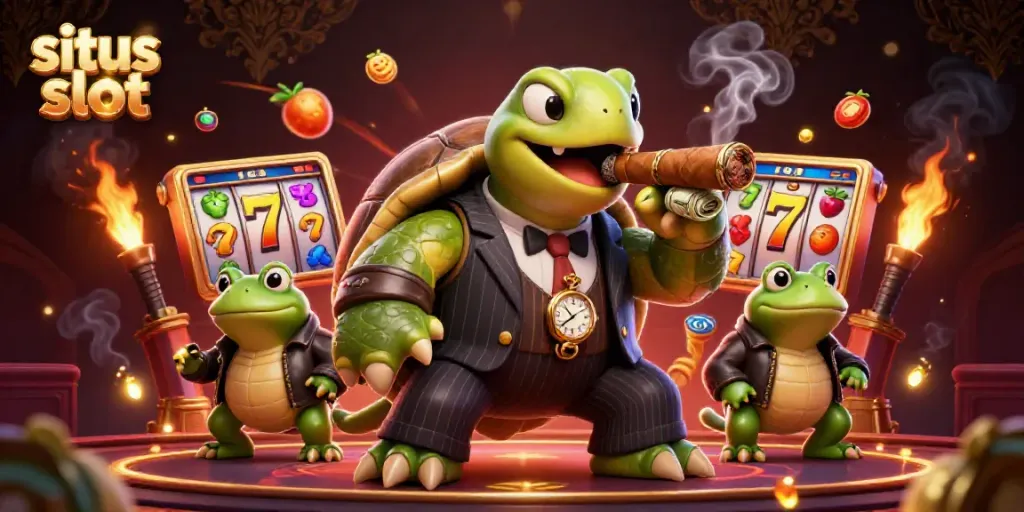 Experience thrilling situs slot action with dynamic cartoon characters in a vibrant casino scene.