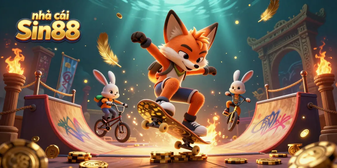 Experience excitement with nhà cái Sin88 as the fox skateboards over poker chips in a vibrant casino scene.