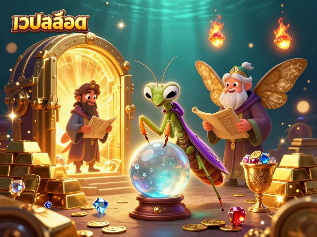 Experience เว็บสล็อต with vibrant treasure-filled scenes featuring mystical characters and casino elements.