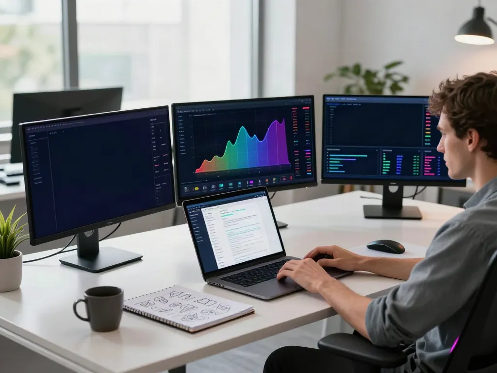 Futures market data API displayed on monitors in a professional cryptocurrency trading workspace with charts and real-time data.