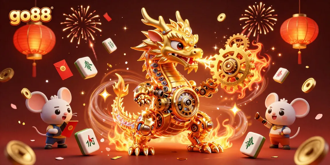 Engage in thrilling games at go88 with a vibrant scene of a golden dragon, celebrating with mahjong tiles and festive decorations.