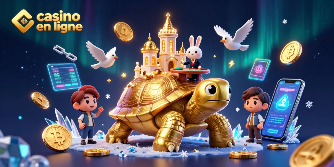 Découvrez les jeux de casino en ligne avec une tortue géante et un croupier, entourés de pièces dorées.