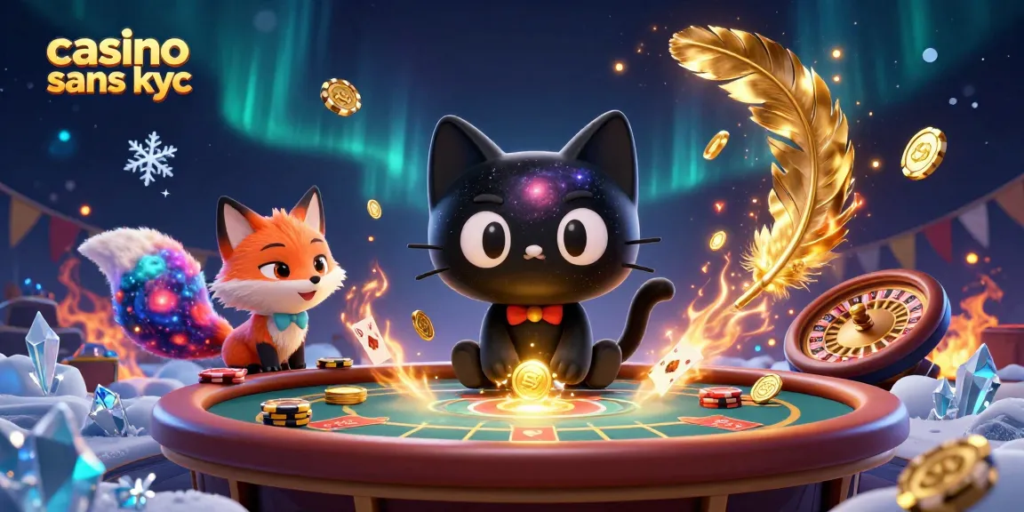 Jouez au casino sans KYC avec notre illustration unique d'un chat de trou noir au centre d'une table de casino cosmique.