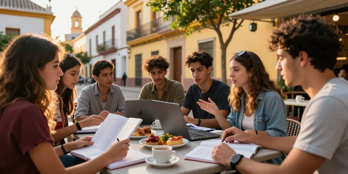 Cursos de español en España: Estudiantes internacionales estudiando en un vibrante café en España.