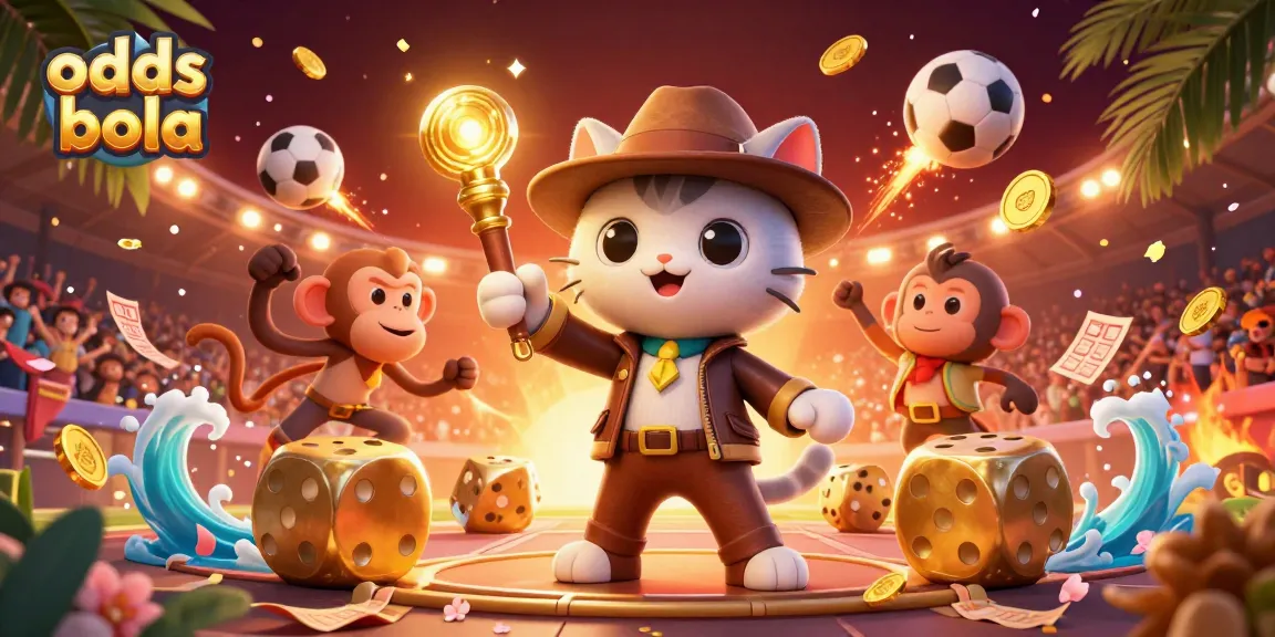 Engage with odds bola through this vivid 3D scene showcasing sports betting elements and energetic characters.