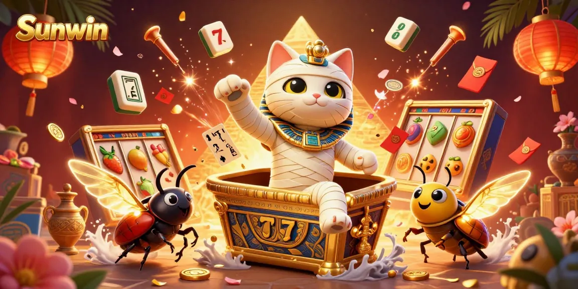 Sunwin showcases a thrilling casino scene with a mummy cat and exciting game elements.