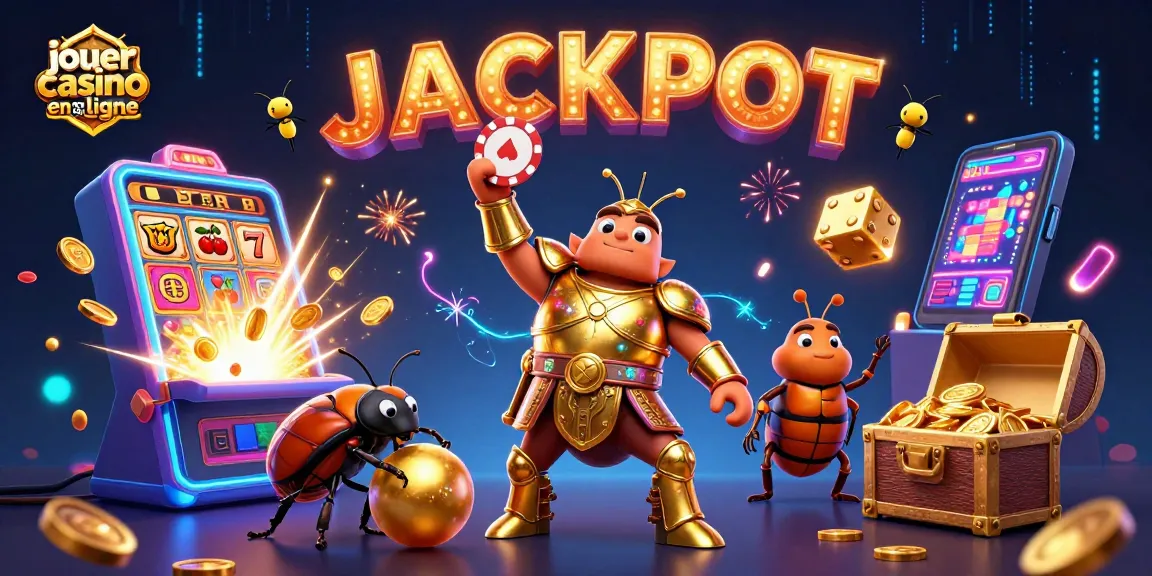 Jouez au casino en ligne avec un scarabée en armure et des symboles de jackpot lumineux.