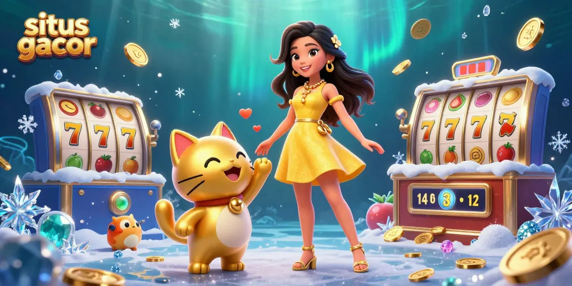 Situs gacor features vibrant slot reels and a cheerful woman with a lucky cat, celebrating gambling wins.