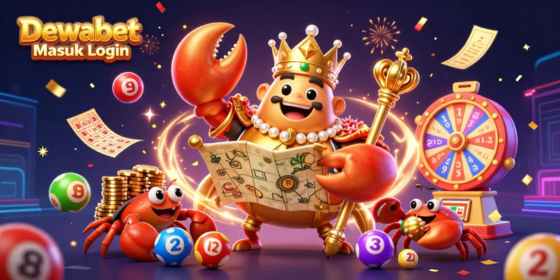 Dewabet Masuk Login showcases a vibrant casino scene with a golden crab and lottery elements.