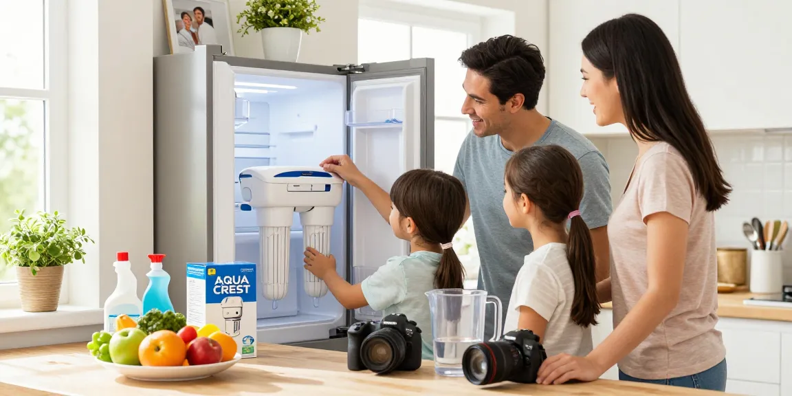 AQUA CREST DW2042FR-09 Refrigerator Water Filter installation in a bright kitchen with a family teaching children.