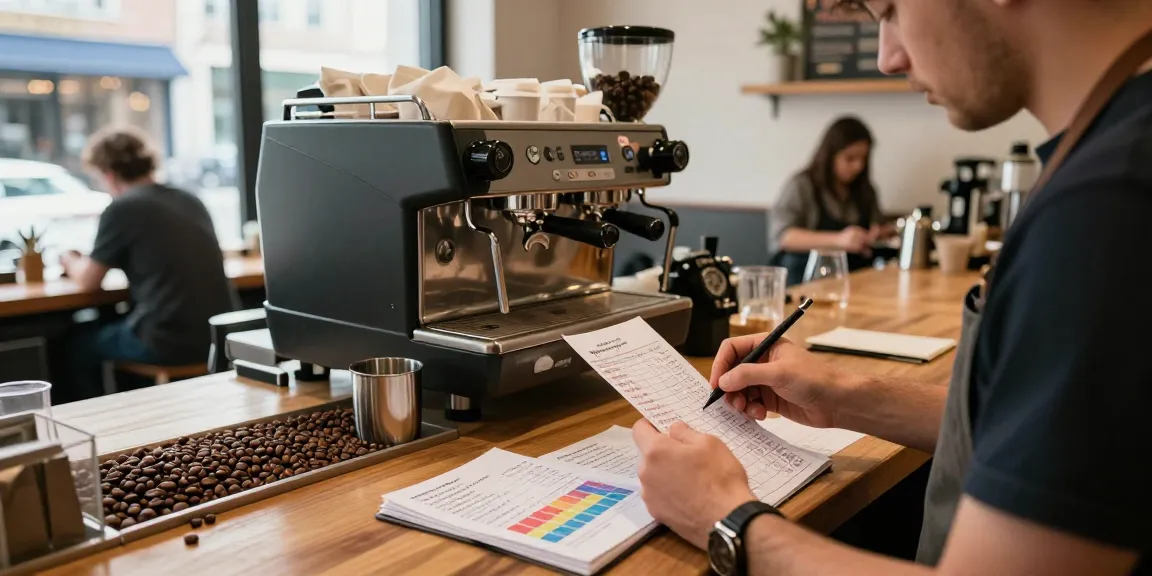 Barista menganalisis pola nomor rejeki dari struk pembelian di kafe yang nyaman.