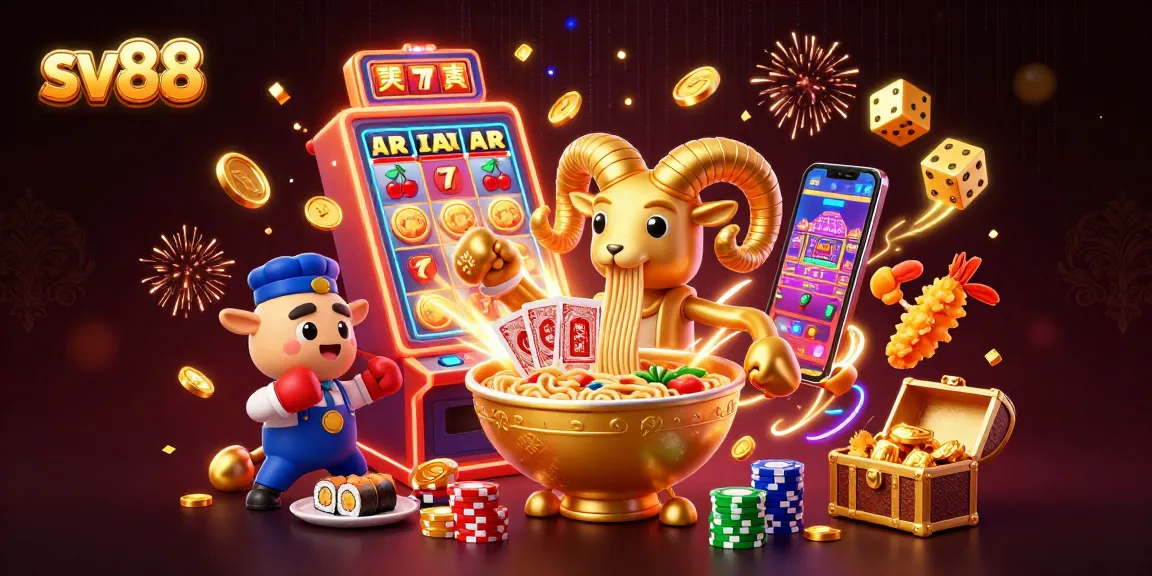 sv88 engages players with a lively scene of a ramen bowl dealer and vibrant game elements in a casino