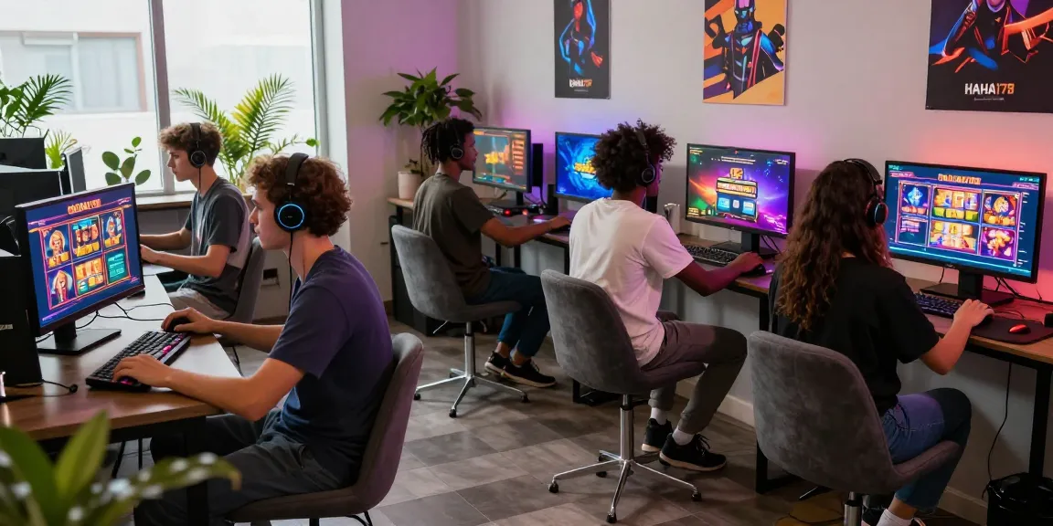 Players enjoying the situs haha178 gaming platform in a vibrant lounge setting.