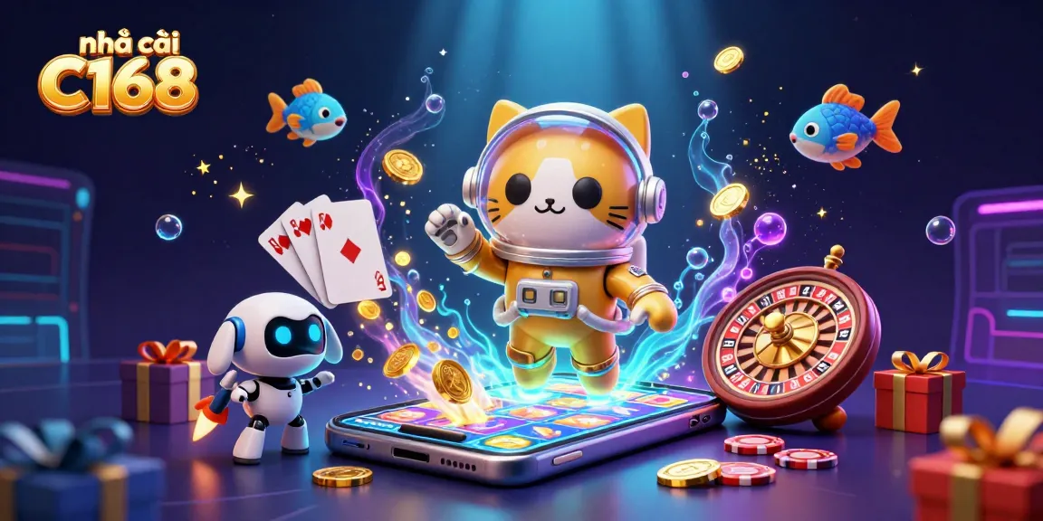 Experience thrilling action with nhà cái C168 as a 3D cartoon astronaut cat and robot dog dive into the vibrant world of online gambling.