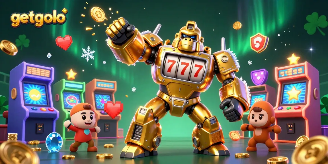 Experience the excitement of getgolo with a golden gorilla mech surrounded by vibrant gaming elements in a thrilling casino scene.