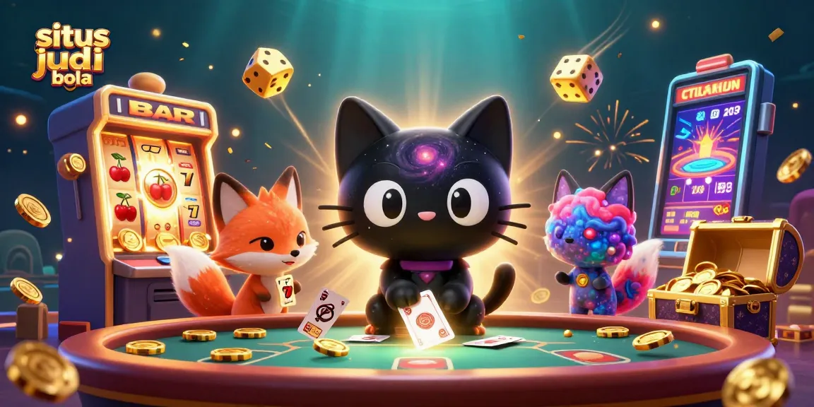 Situs judi bola theme with a cosmic cat and fox at a vibrant casino table, attracting golden chips and cards.