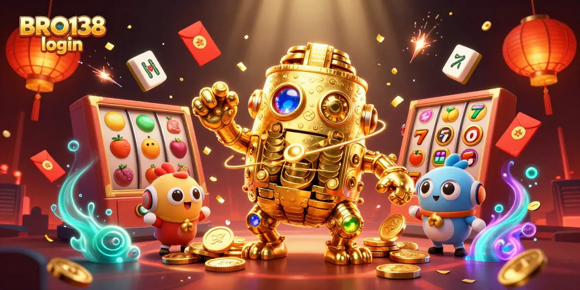 Experience fast-paced gaming excitement with BRO138 login amidst a vibrant slot machine scene.