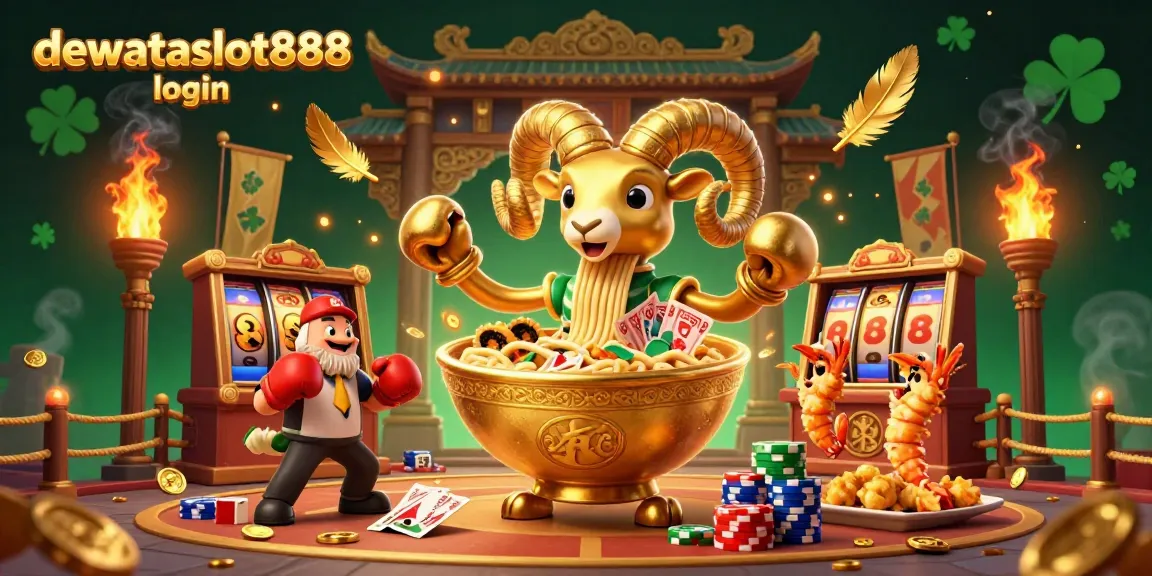 Gambarkan aksi perjudian menarik di dewataslot888 login di latar permainan slot dengan karakter unik.