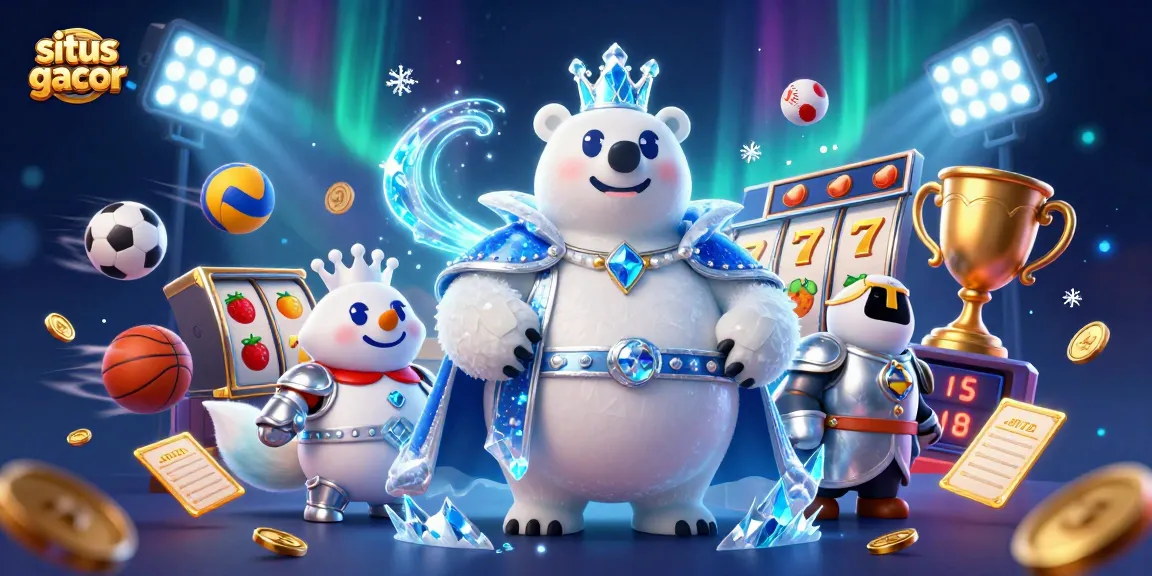 Situs gacor featuring a 3D cartoon ice king polar bear and silver-armored fox in a vibrant casino scene.