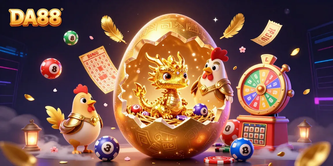 Experience the thrill of DA88 with a golden dragon guarding jackpot treasures amidst vibrant lottery excitement.
