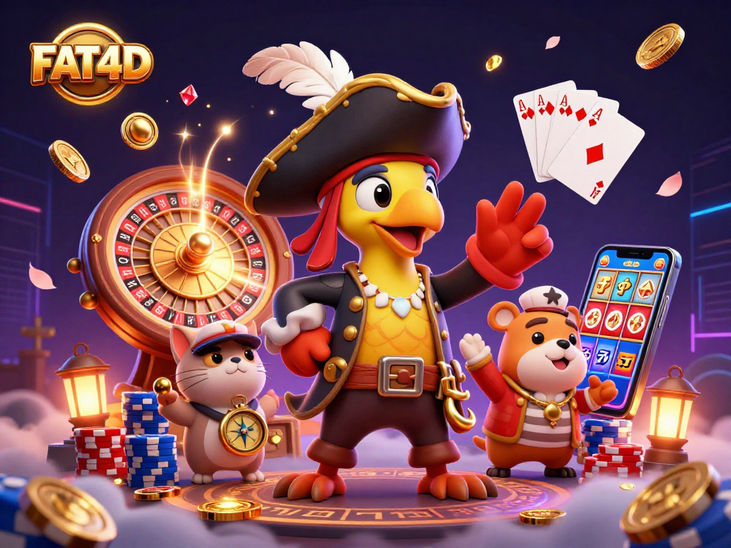 Catch the excitement with FAT4D as a colorful scene captures a pirate captain, bulldog mate, and cat navigator amidst swirling coins and slot reels.
