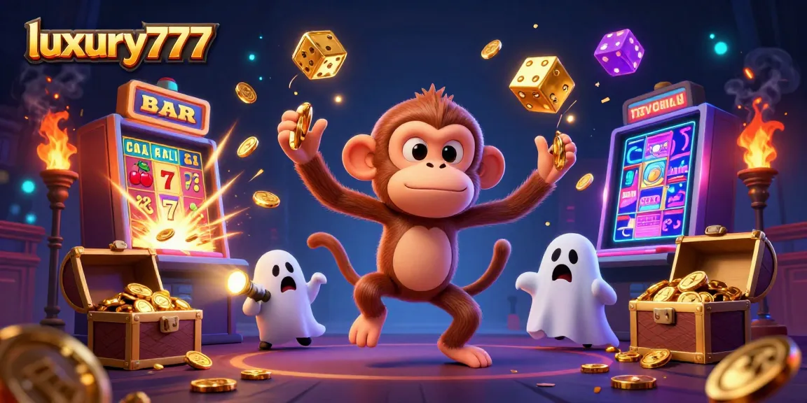 Engage in thrilling casino action with luxury777 as a poltergeist monkey juggles coins and golden dice.
