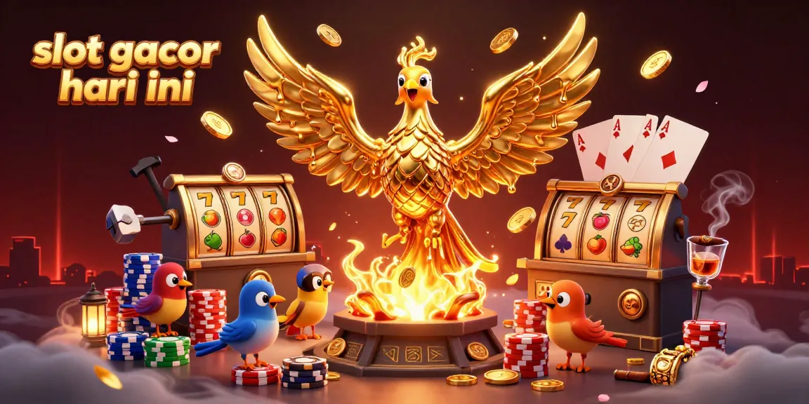Slot gacor hari ini menampilkan phoenix emas, simbol kasino, dan elemen slot menggiurkan.