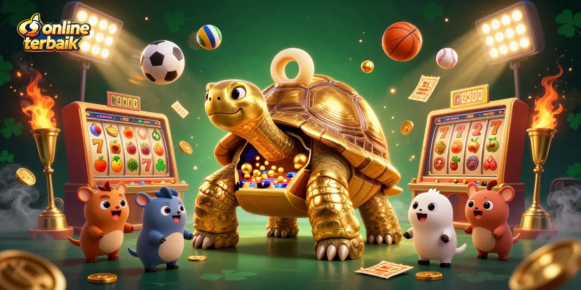 Mainkan slot online terbaik dengan gambar 3D tortoise emas dan elemen kasino.