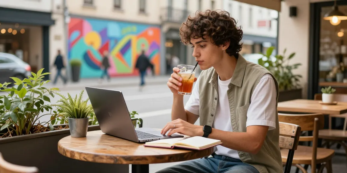 Engaging urban lifestyle moment at batmanloyal.com café with individual working on laptop, vibrant street backdrop, and inviting atmosphere.