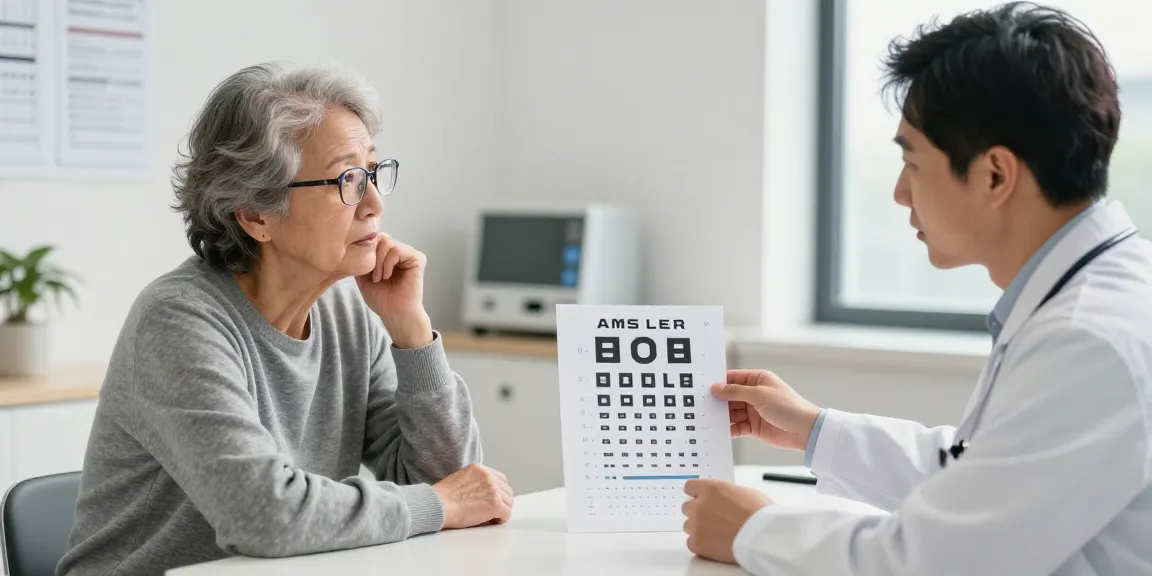 Consultation on 黃斑病變檢查 with an ophthalmologist explaining test results to a senior patient in a welcoming clinic.