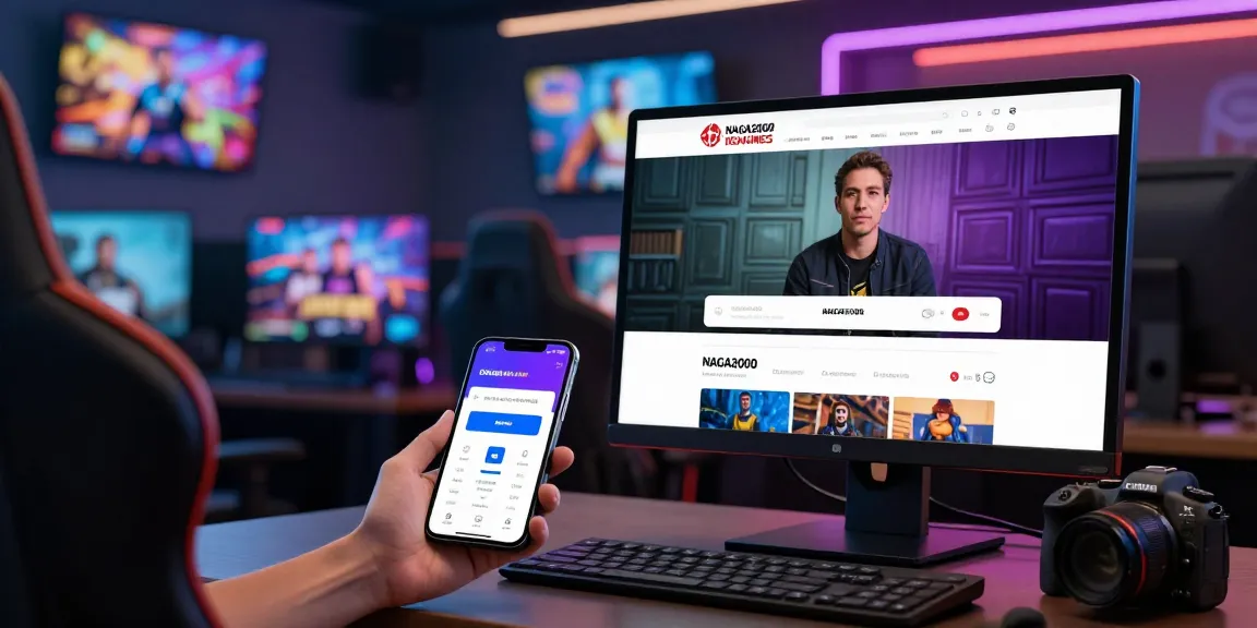 NAGA2000 DAFTAR login scene featuring a user-friendly gaming interface on a desktop and smartphone in a modern gaming lounge.