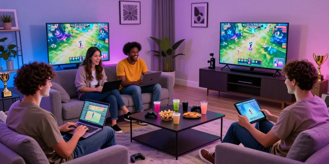 Excited players enjoying 鉅城娛樂城 in a stylish living room, showcasing modern gaming atmosphere with laptops and snacks.