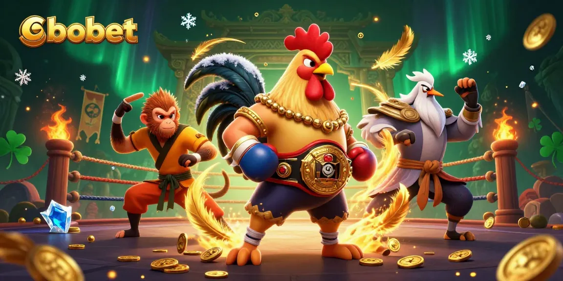 Engage with sbobet's thrilling online betting experience, featuring a Muay Thai rooster, Shaolin monkey, and wise crane surrounded by dynamic casino visuals.