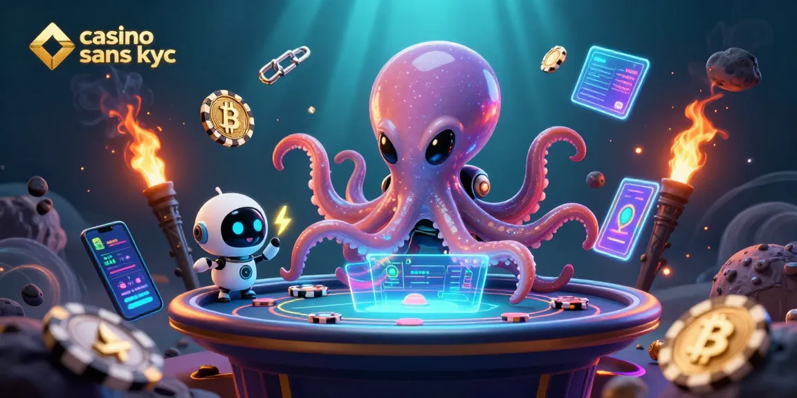 Jouez au casino sans KYC avec une scène animée d'un octopus alien et un robot, entouré de cartes et de jetons.