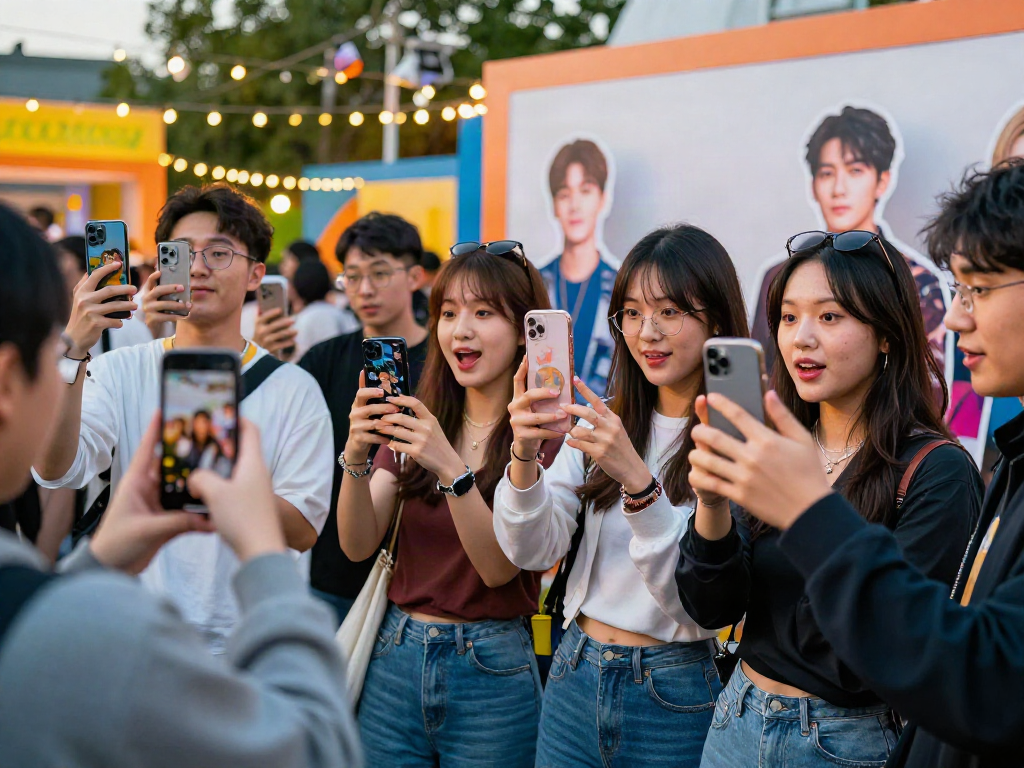 Friends comparing photos and discussing who they look like celebrities at a vibrant outdoor event.