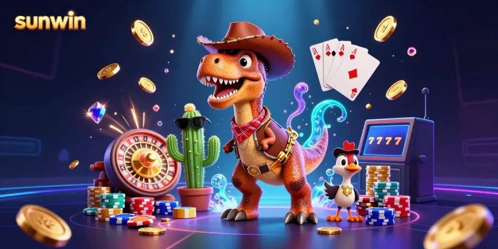 Experience thrilling gaming adventures with sunwin as a cowboy dinosaur wins big in this vibrant casino scene.