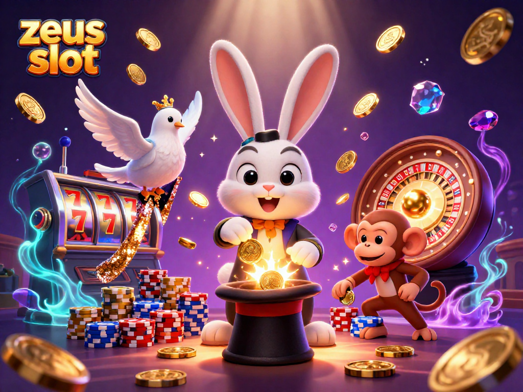 Spin the zeus slot and collect golden coins in this lively casino scene.