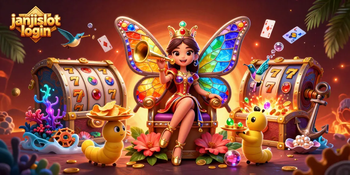 Experience janjislot login with a vibrant 3D scene showcasing a butterfly queen, slot reels, and ocean treasures.