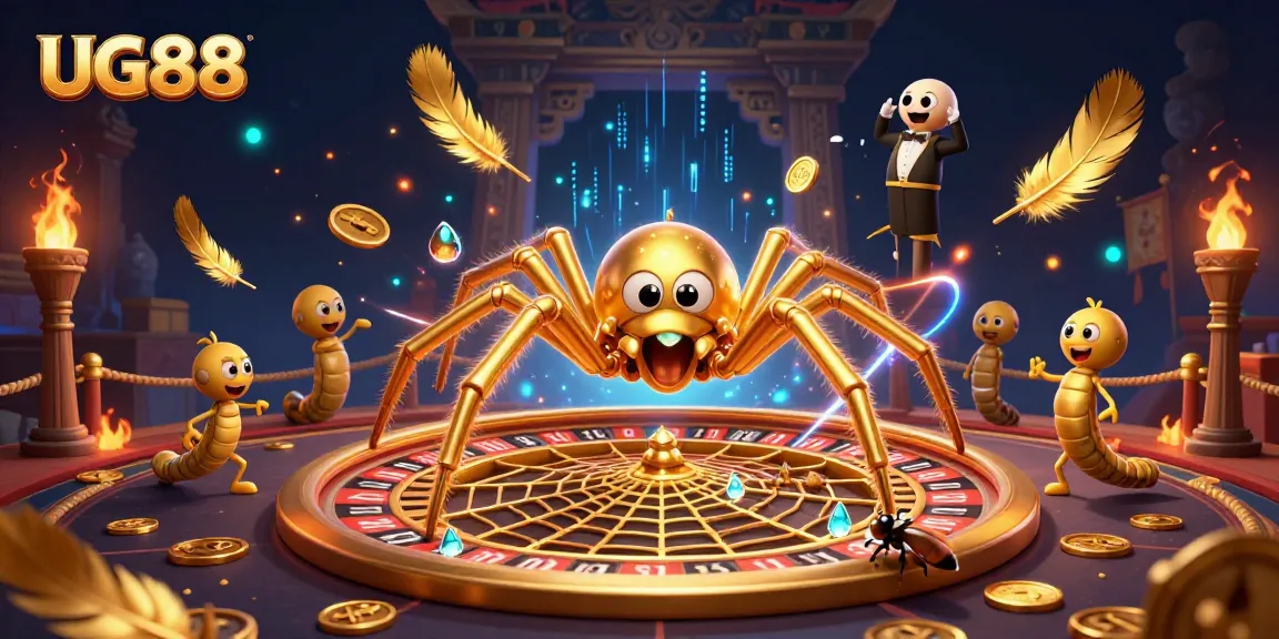 Bet on UG88 with a golden spider at the roulette wheel, surrounded by vibrant casino elements