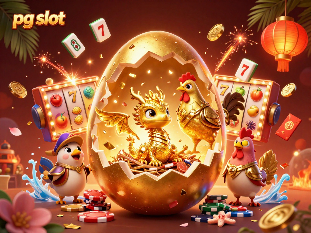 Spin to win with pg slot in this 3D illustration featuring a golden dragon and dynamic casino elements.