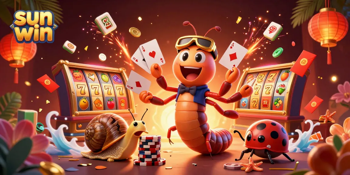 Explore the vibrant sun win casino scene with a cartoon millipede dealer and dynamic game elements.