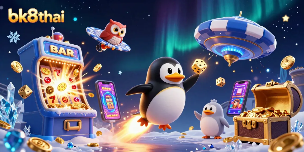 Experience thrilling gameplay at bk8thai with a spectacular golden penguin racing to a casino station.