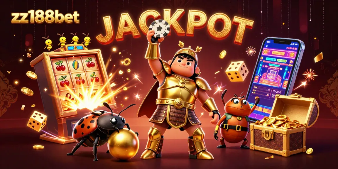 Experience excitement with zz188bet as a beetle lifts a poker chip in a vibrant casino scene.