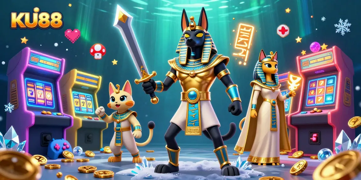 Experience thrilling gameplay at KU88 with Anubis and Bastet amid colorful casino elements.