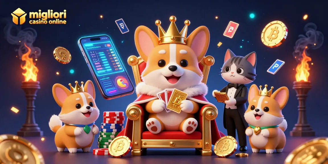 I migliori casino online presentano un corgi reale e un maggiordomo in un'atmosfera di gioco con energia visiva e crypto.