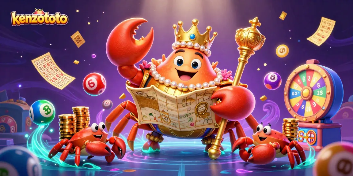 Kenzototo offers vibrant lottery action with a golden crab emperor amidst dynamic game elements and glowing effects.