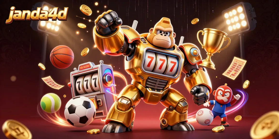 Menang dengan janda4d, ilustrasi 3D gorila emas dan slot mesin dinamis mengelilingi berbagai elemen taruhan.