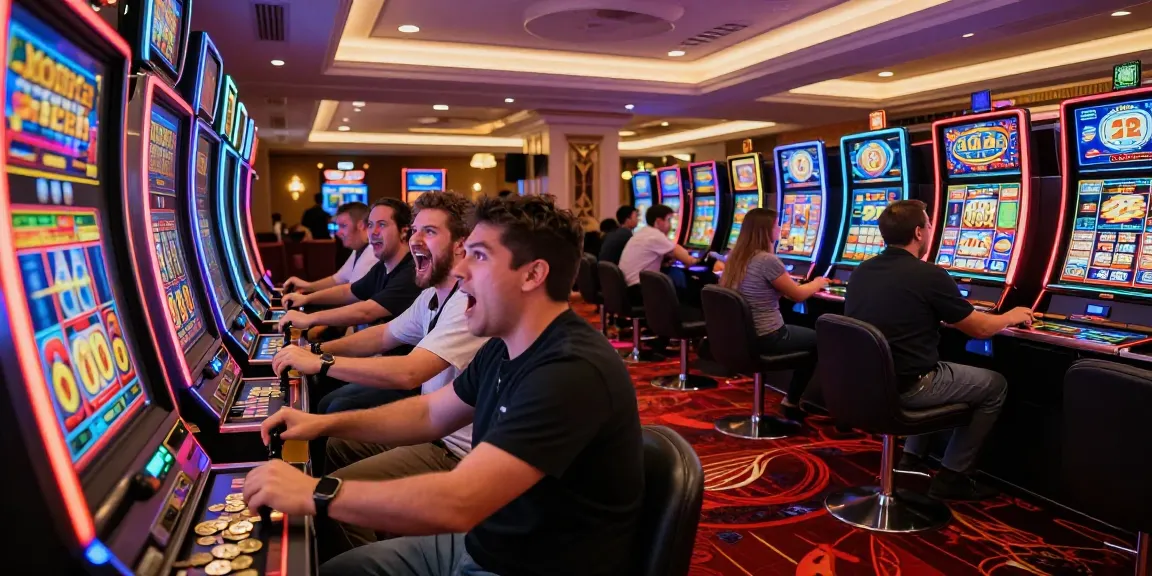 Slot gacor dengan pemain bersemangat di kasino, merasakan kegembiraan menang dan suasana yang hidup.