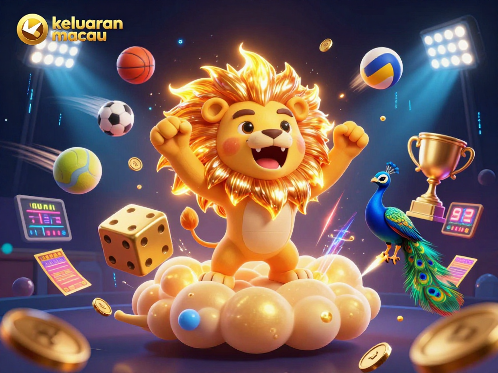 Keluaran macau prediction illustrated with 3D cartoon lion, golden dice, and dynamic sports elements.